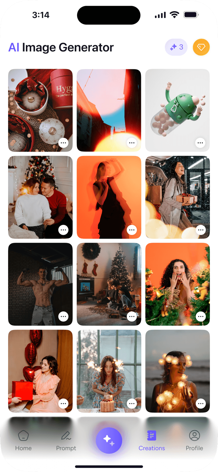 Generation history showing previously created AI images