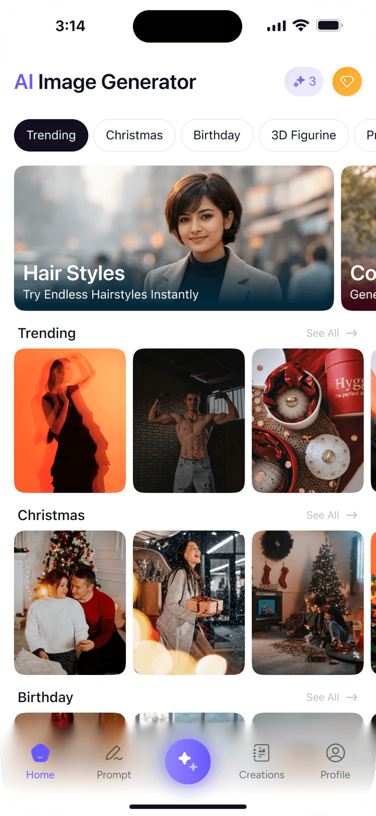 AI Image Generator home screen with trending AI art