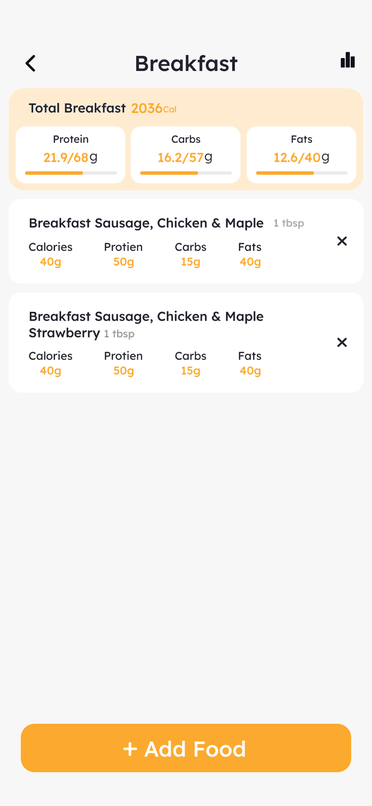 Breakfast logging screen with food search