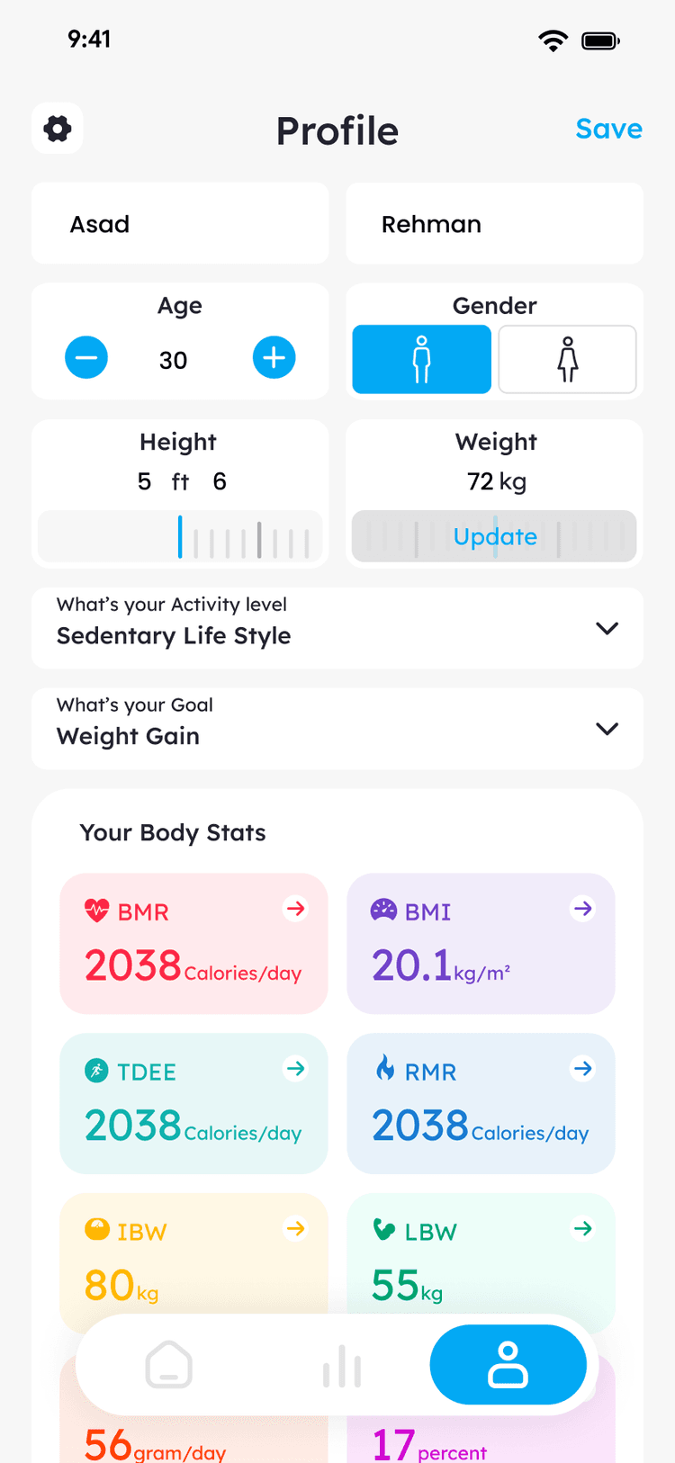 Personal health profile with BMI history chart