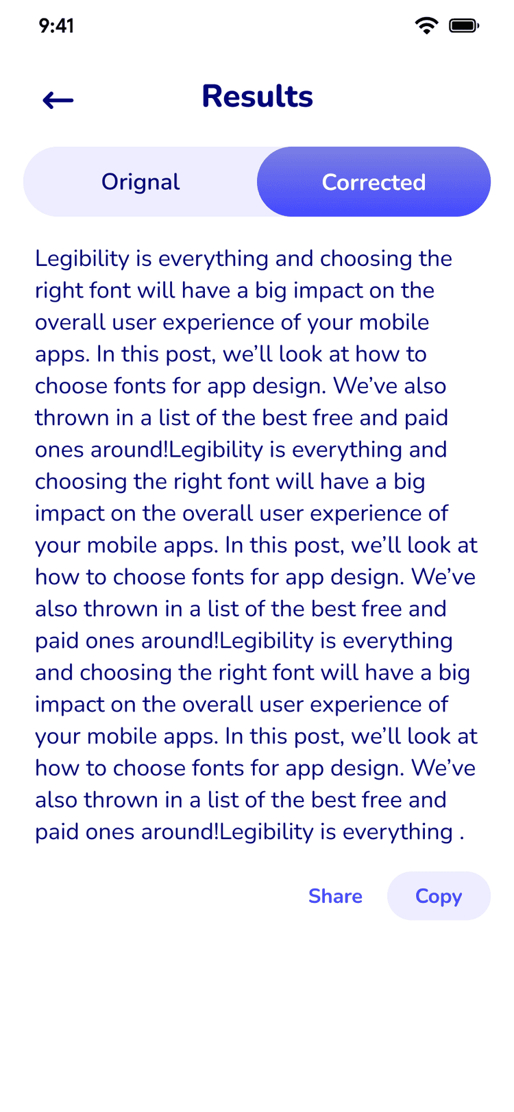 Grammar correction results with highlighted fixes