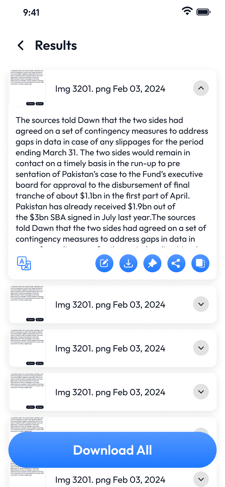 Extracted text result with copy and share actions