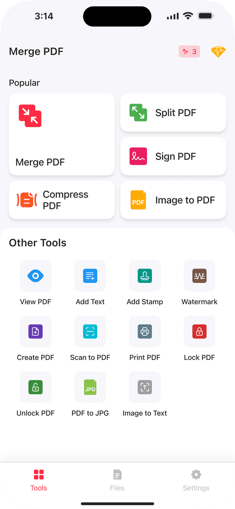 Merge PDF home screen with file selection options