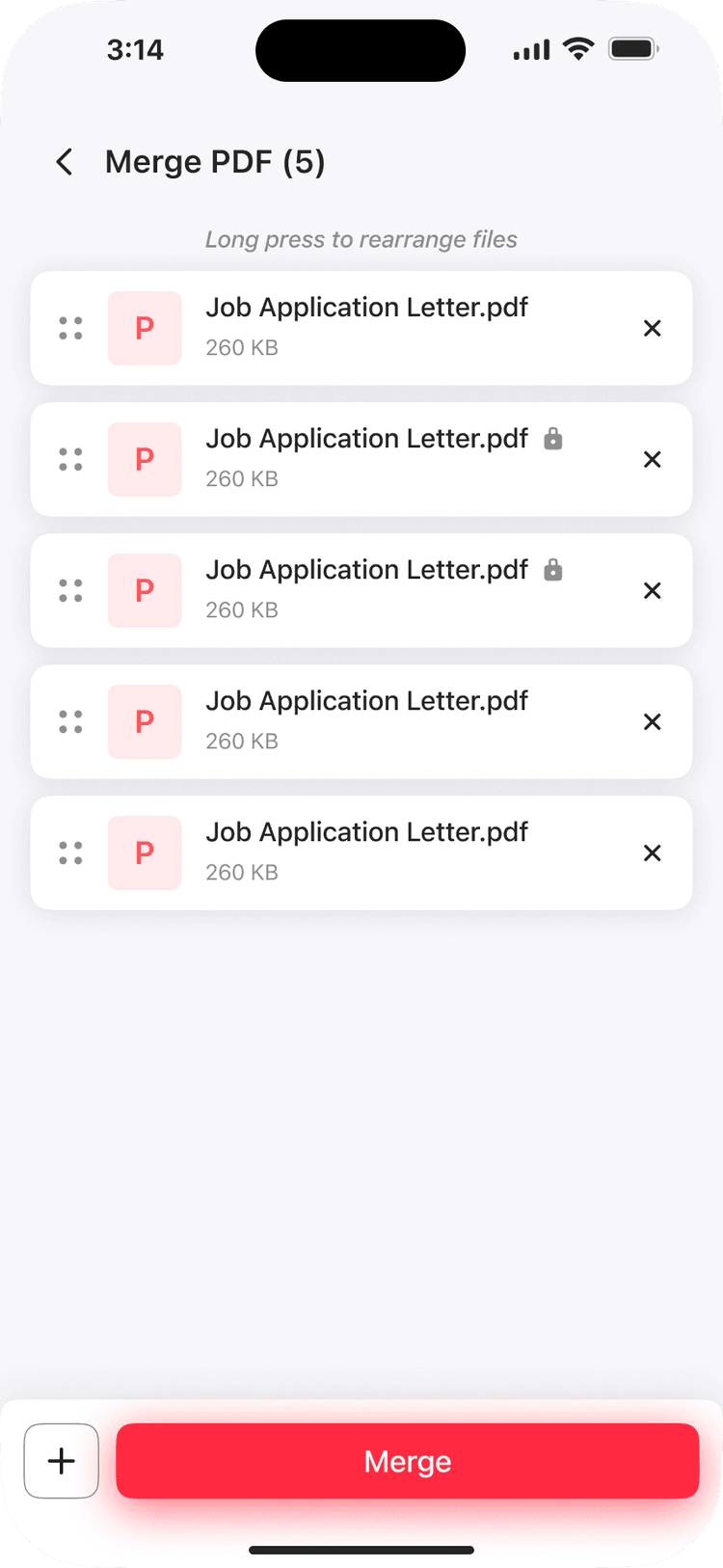 Selected PDF files reordered for merging